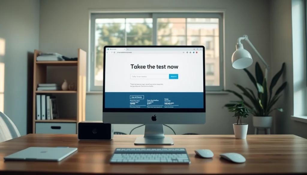 Encourage engagement with the offer to Take the test now on a bright workspace screen.