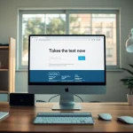 Encourage engagement with the offer to Take the test now on a bright workspace screen.