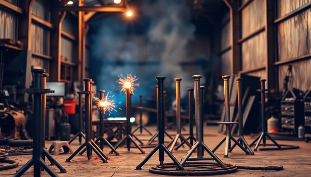 Display of heavy-duty pipe stands securely holding pipes during welding operations.