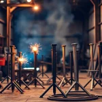 Display of heavy-duty pipe stands securely holding pipes during welding operations.