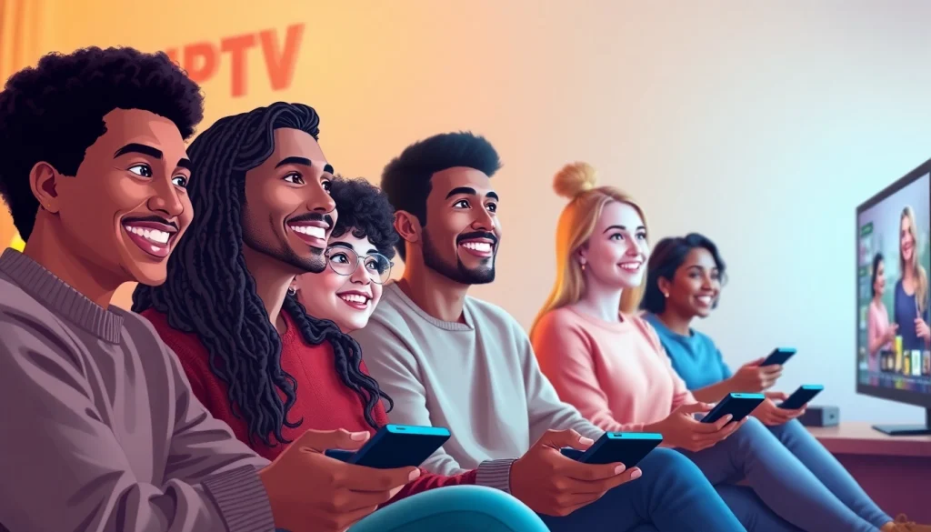 Experience IPTV Suisse's convenience with diverse viewers enjoying content on multiple screens.