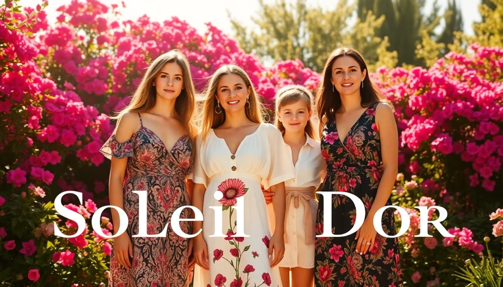 Showcasing Soleil Dor fashion, a stylish family in elegant attire surrounded by vibrant flowers.