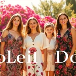 Showcasing Soleil Dor fashion, a stylish family in elegant attire surrounded by vibrant flowers.