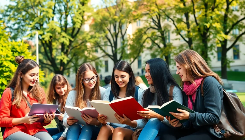 Engaged students enjoying Polonya'da Üniversite Eğitimi amidst picturesque architecture.