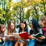 Engaged students enjoying Polonya'da Üniversite Eğitimi amidst picturesque architecture.