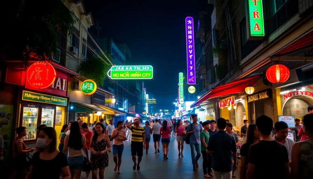 Captivating scene of Ho Chi Minh City nightlife highlighting the 호치민 에코걸 후기 experience with lively interactions.