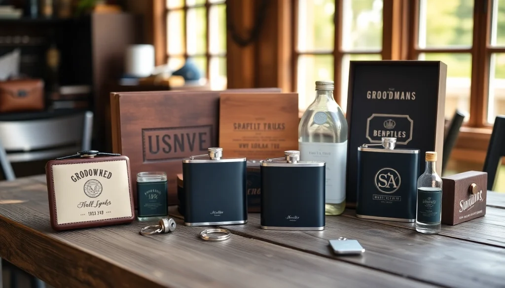 Browse unique cheap groomsmen gifts like personalized flasks and keychains displayed beautifully.