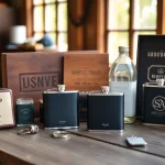 Browse unique cheap groomsmen gifts like personalized flasks and keychains displayed beautifully.