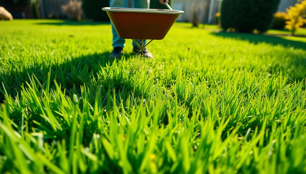 Over seeding grass seed over existing lush lawn for revitalization with a spreader.