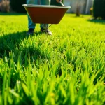 Over seeding grass seed over existing lush lawn for revitalization with a spreader.