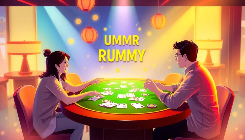 Engage with rummy wealth players immersed in a dynamic virtual game, showcasing colorful cards and excitement.