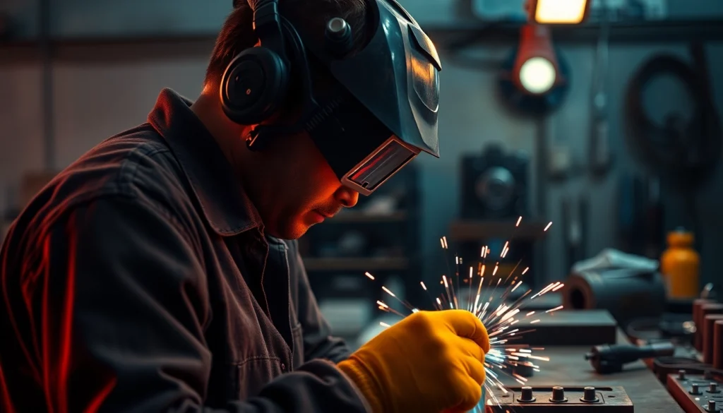 Welder using quality welding supplies in a well-equipped workshop, showcasing skill and craftsmanship.