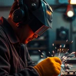 Welder using quality welding supplies in a well-equipped workshop, showcasing skill and craftsmanship.