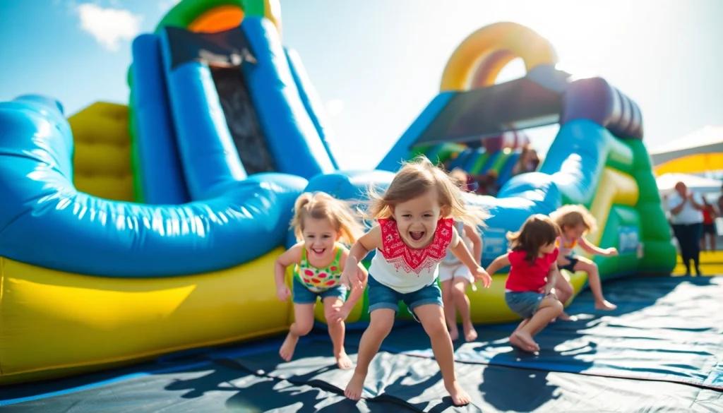 Enjoy a thrilling Slide rental experience with kids laughing on a colorful inflatable slide at a sunny event.