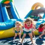 Enjoy a thrilling Slide rental experience with kids laughing on a colorful inflatable slide at a sunny event.