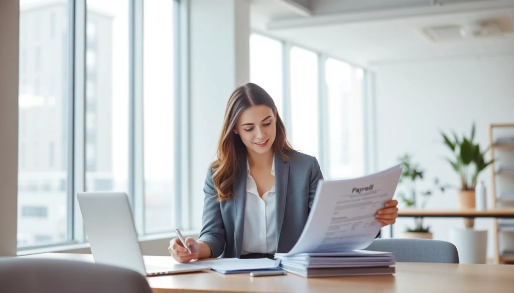 Professional reviewing payroll documents in a bright office setting.