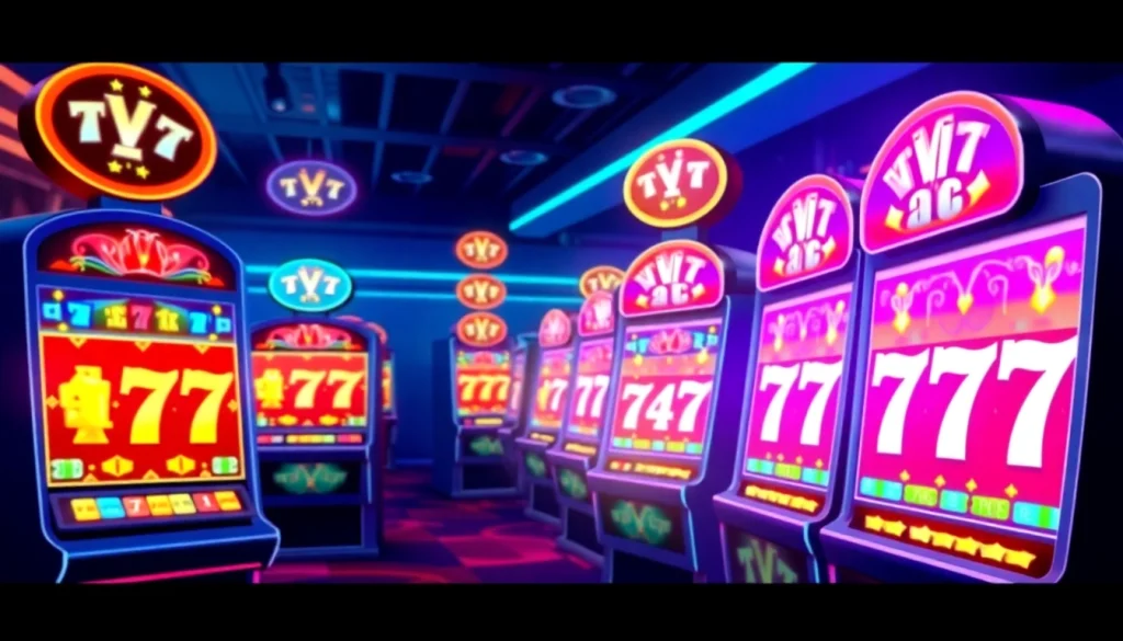 Play สล็อต777 on exciting slot machines surrounded by vibrant online casino atmosphere.