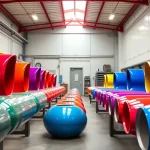 Showcasing powder coating Birmingham, the process of applying vibrant coatings to metal items in an industrial setting.