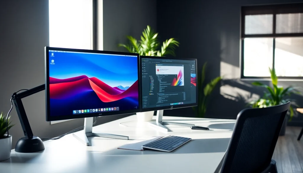 Gain insight into dual monitor install with a visually organized workspace showcasing two monitors in use.