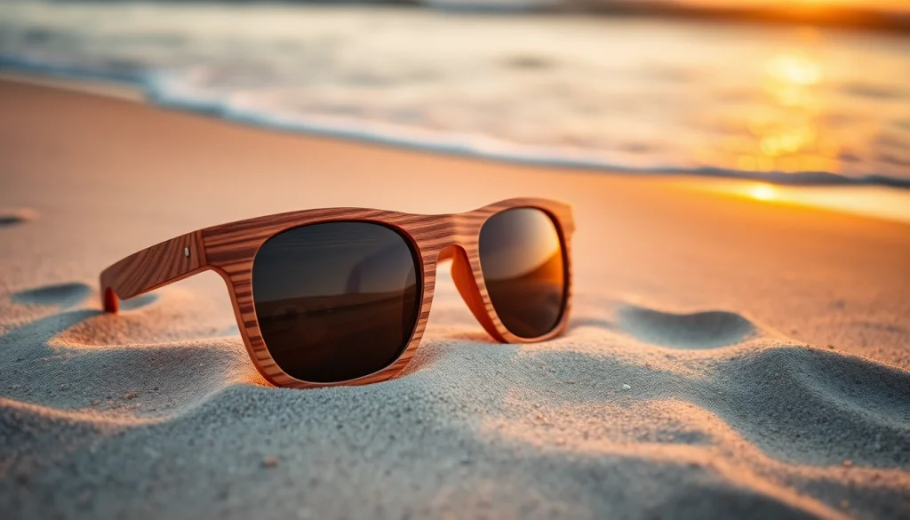 Here are stylish wooden sunglasses resting on beach sand, highlighting their eco-friendly design.