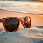 Here are stylish wooden sunglasses resting on beach sand, highlighting their eco-friendly design.