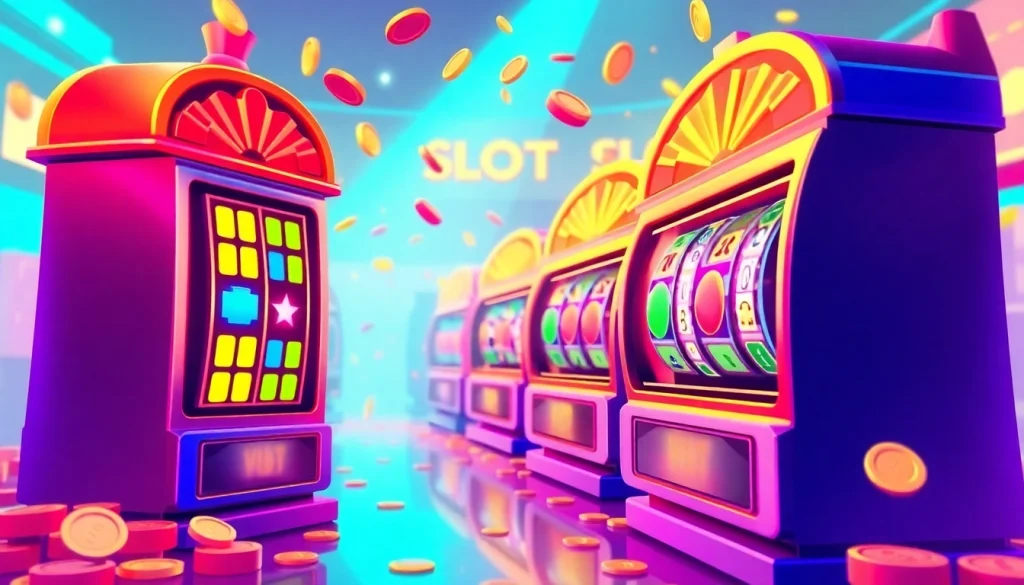 Exciting scene of a slot bet kecil with colorful reels spinning and winnings flying around.