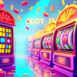 Exciting scene of a slot bet kecil with colorful reels spinning and winnings flying around.