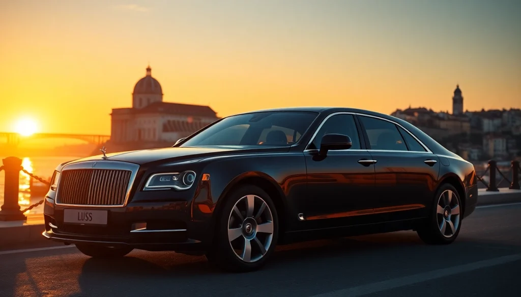 Luxury hire chauffeur Lisbon presenting an elegant car in front of a stunning Lisbon backdrop.