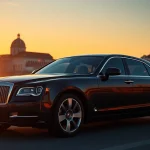 Luxury hire chauffeur Lisbon presenting an elegant car in front of a stunning Lisbon backdrop.