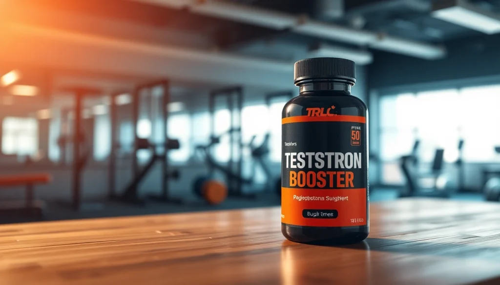 Enhance energy and strength with this vibrant Testosteron-Booster supplement bottle on a wooden table.