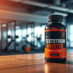 Enhance energy and strength with this vibrant Testosteron-Booster supplement bottle on a wooden table.