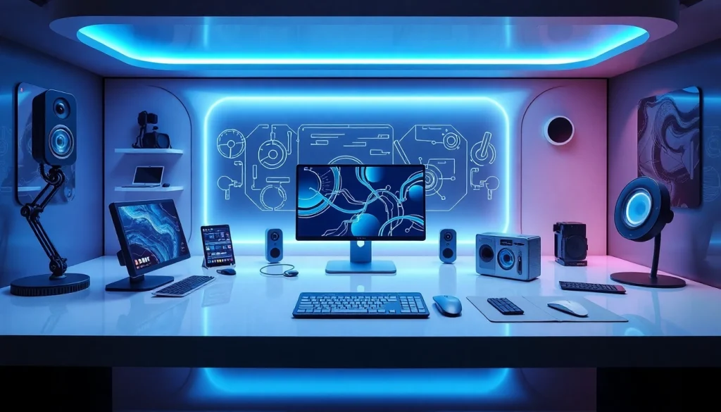 Tech workspace featuring innovative gadgets and soft blue lighting for a productive atmosphere.