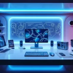 Tech workspace featuring innovative gadgets and soft blue lighting for a productive atmosphere.