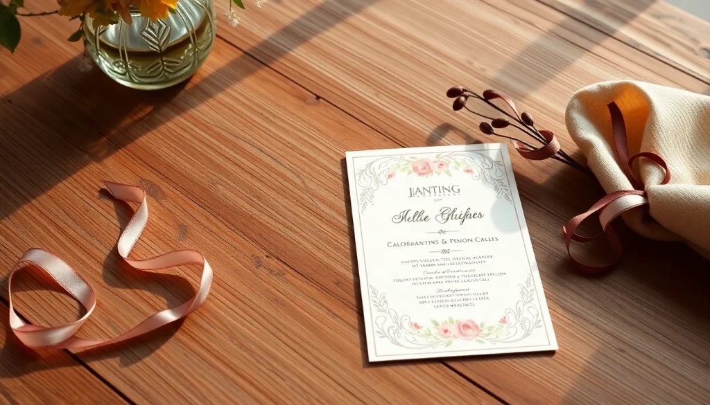 Elegant invitation card showcasing floral patterns and ribbons on a rustic wooden table.