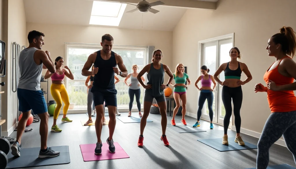 Engage in a powerful workout routine with diverse individuals showcasing strength and cardio exercises in a bright home gym.