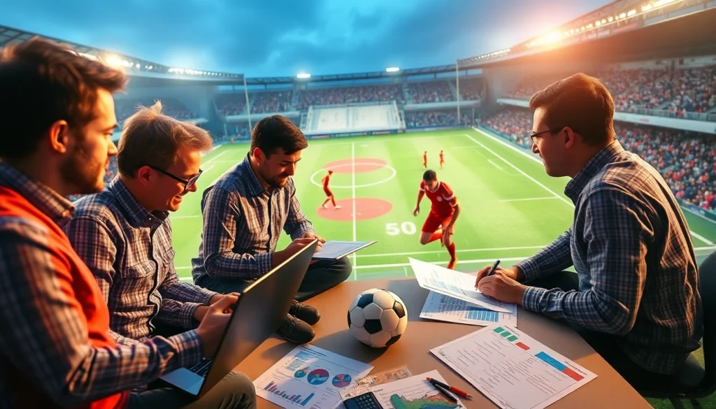 วิเคราะห์บอล with analysts reviewing strategies and football data on a vibrant pitch backdrop.