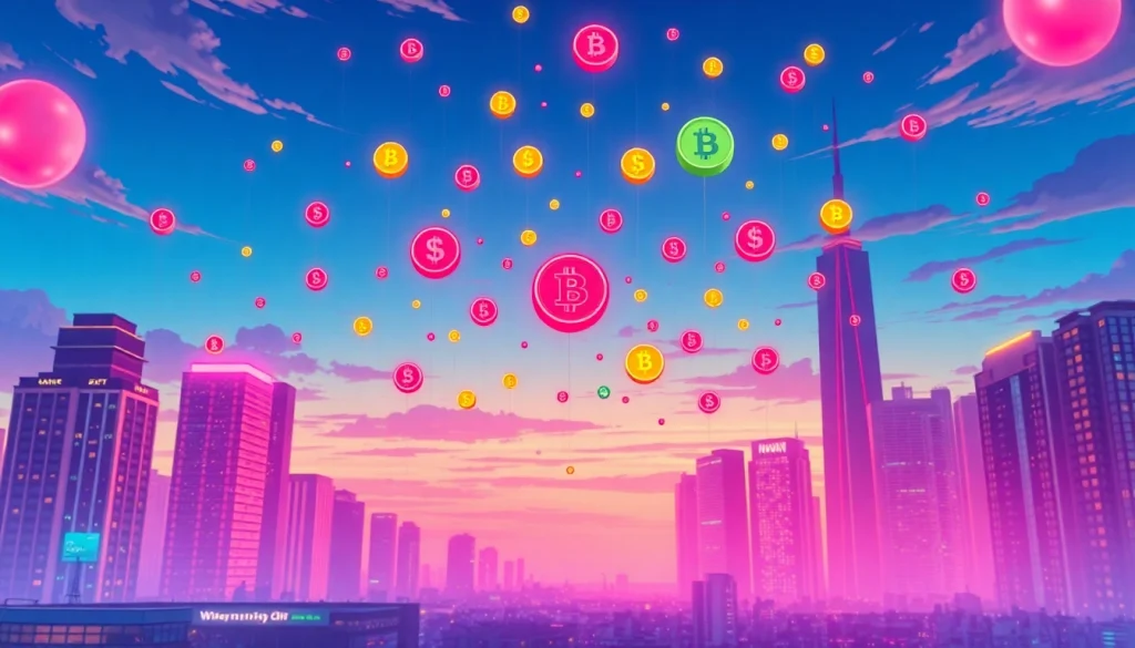 Experience the Sidra Chain Air Drop as colorful tokens cascade from the digital sky in a vibrant city setting.