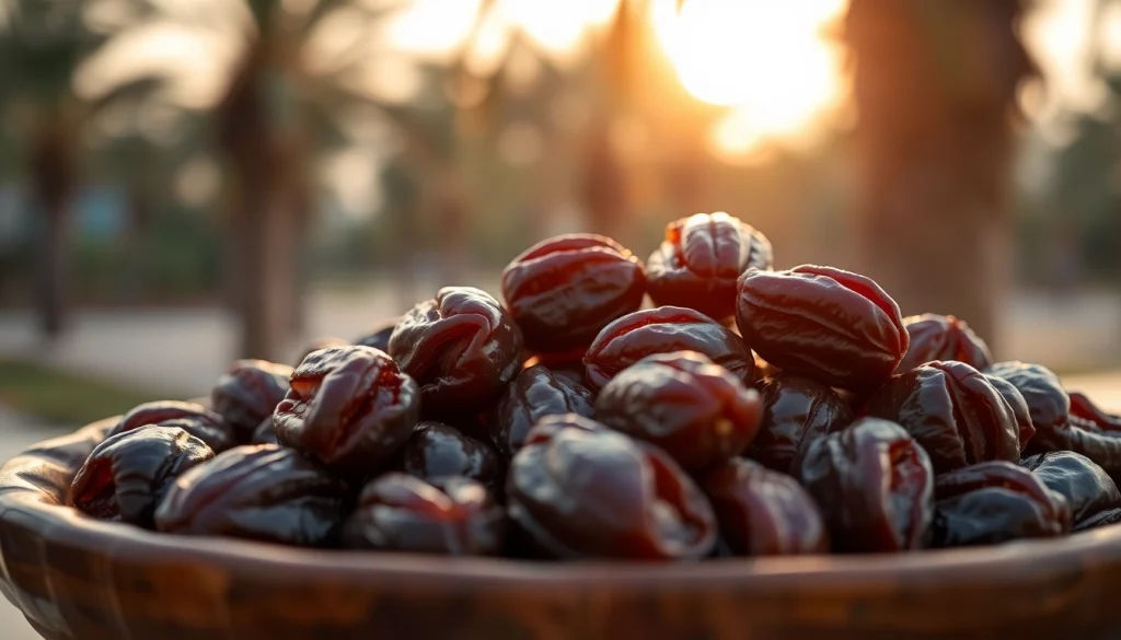 Enjoying delicious Ajwa Dates on a rustic platter, showcasing their unique texture and dark sheen.