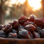 Enjoying delicious Ajwa Dates on a rustic platter, showcasing their unique texture and dark sheen.