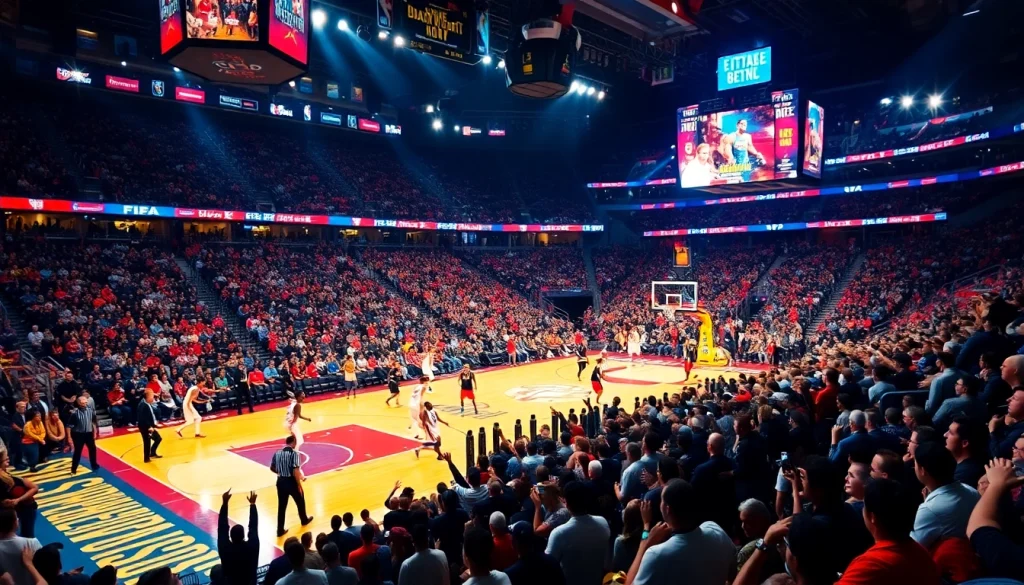 Experience NBA중계 with electrifying moments captured in a vibrant stadium during a live basketball game.