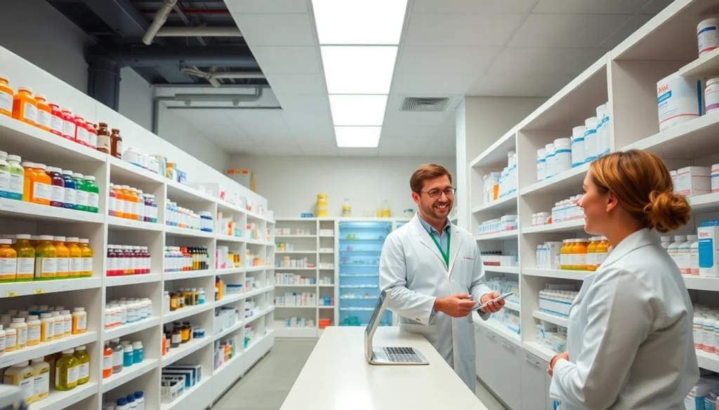 Explore a vibrant Compounding Pharmacy interior with a pharmacist assisting a patient.