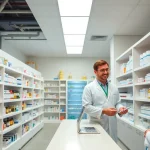 Explore a vibrant Compounding Pharmacy interior with a pharmacist assisting a patient.