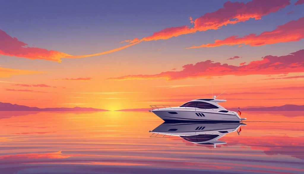 Cruise on serene waters with a stylish cabin cruiser boat against a vibrant sunset.