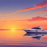 Cruise on serene waters with a stylish cabin cruiser boat against a vibrant sunset.