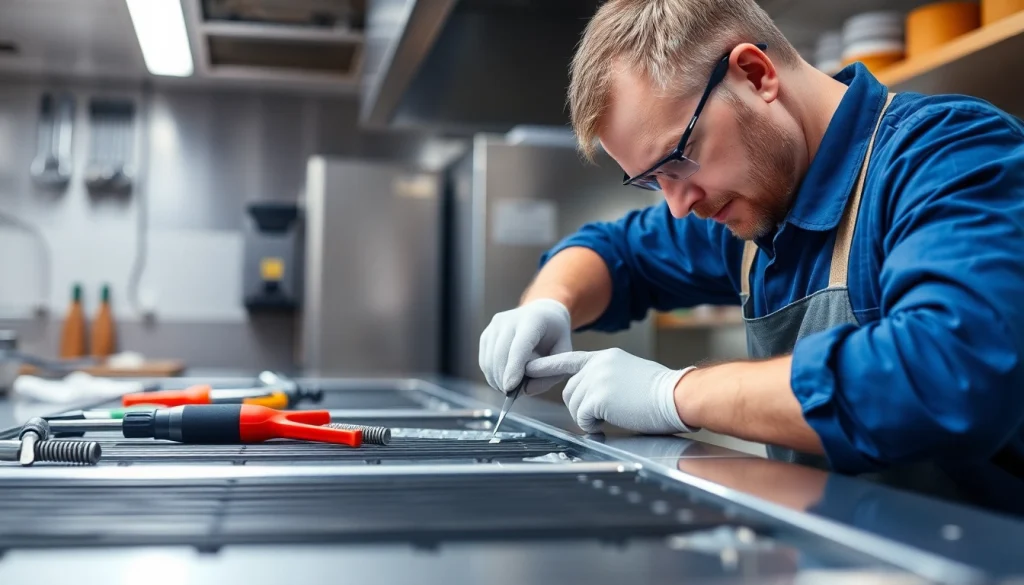 Technician performing prep table repair, showcasing tools and precision for effective service.