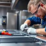 Technician performing prep table repair, showcasing tools and precision for effective service.