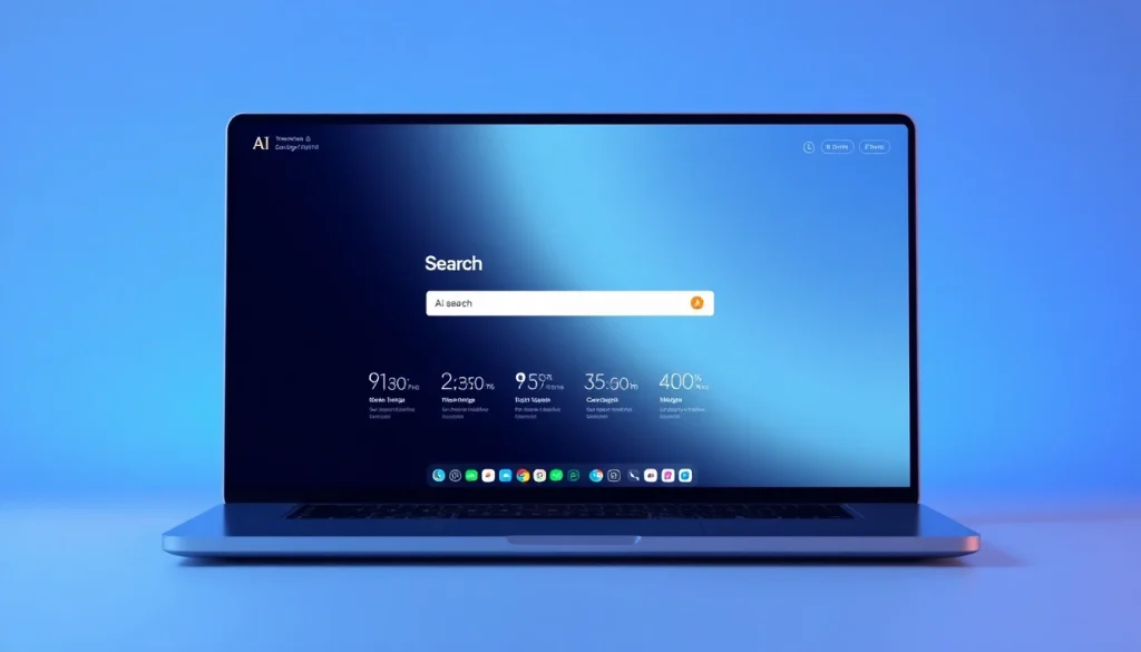 Interface design of an AI search engine with illuminated features on a laptop screen.