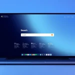 Interface design of an AI search engine with illuminated features on a laptop screen.