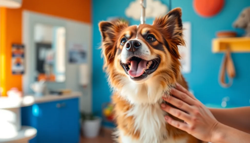 Grooming a happy dog at Kate's K9 Pet Care, showcasing a friendly environment for pet care services.