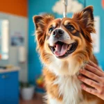 Grooming a happy dog at Kate's K9 Pet Care, showcasing a friendly environment for pet care services.